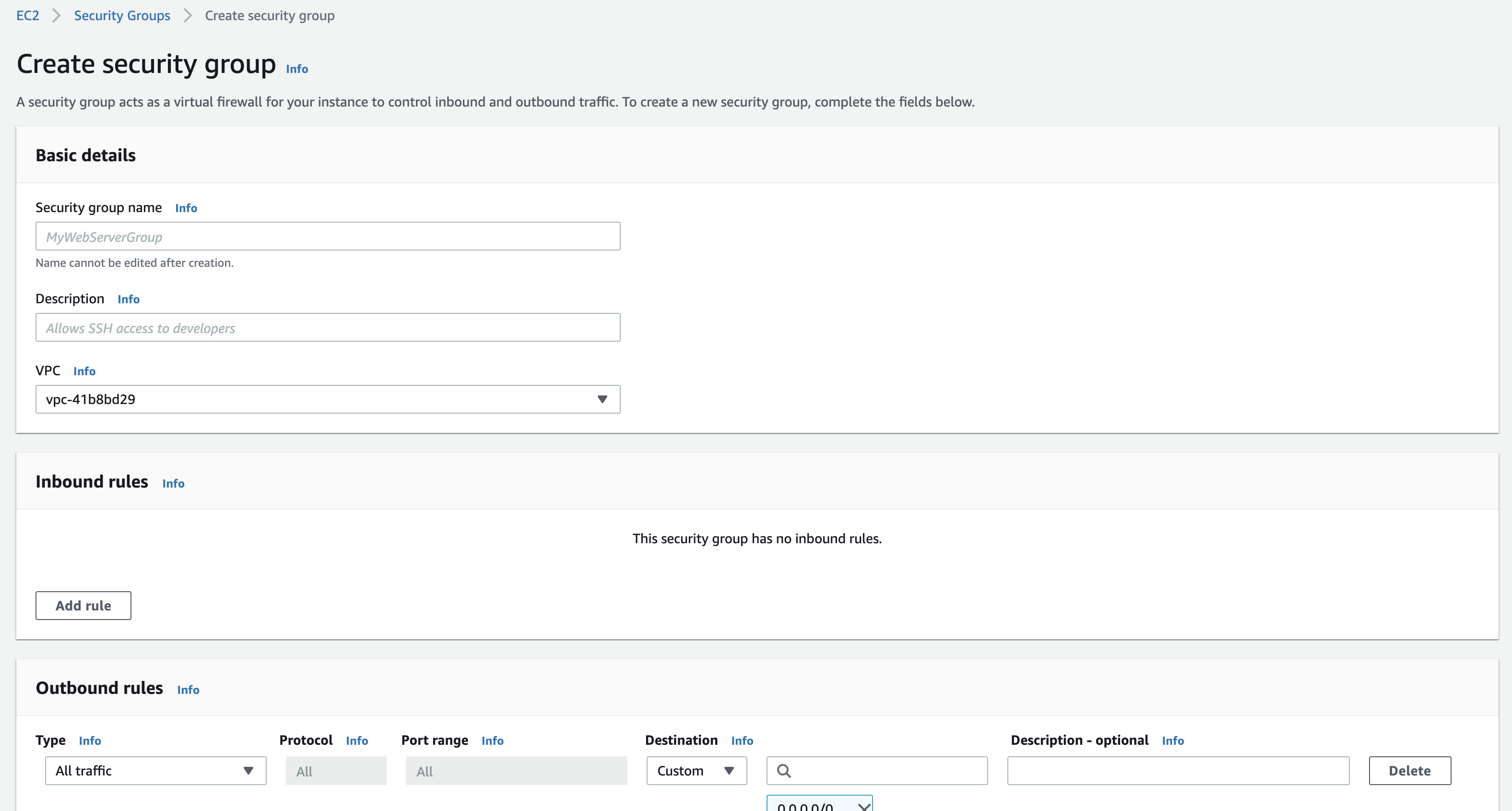 AWS Security Group Page
